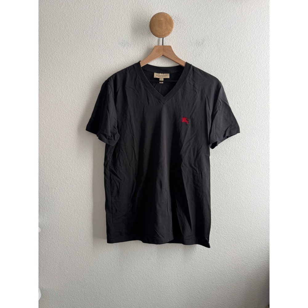 Burberry London England Mens Black V-Neck T-Shirt Red Knight Logo Size Medium